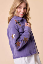 Load image into Gallery viewer, Purple Distressed Denim &amp; Sequin Mardi Gras Jacket
