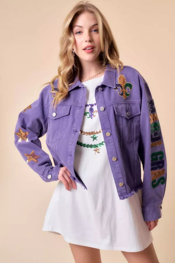 Purple Distressed Denim & Sequin Mardi Gras Jacket