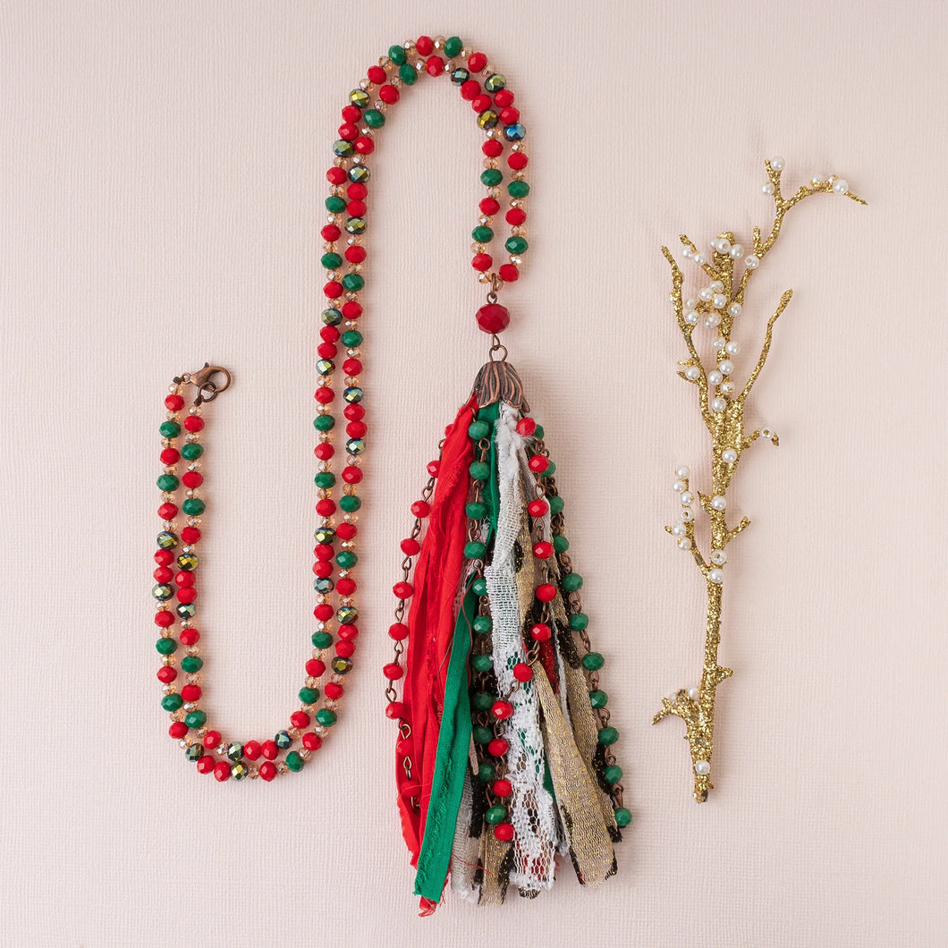 Christmas/Leopard Print Tassel & Bead Necklace