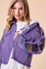 Load image into Gallery viewer, Purple Distressed Denim &amp; Sequin Mardi Gras Jacket
