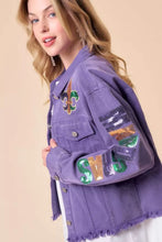 Load image into Gallery viewer, Purple Distressed Denim &amp; Sequin Mardi Gras Jacket
