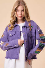 Load image into Gallery viewer, Purple Distressed Denim &amp; Sequin Mardi Gras Jacket
