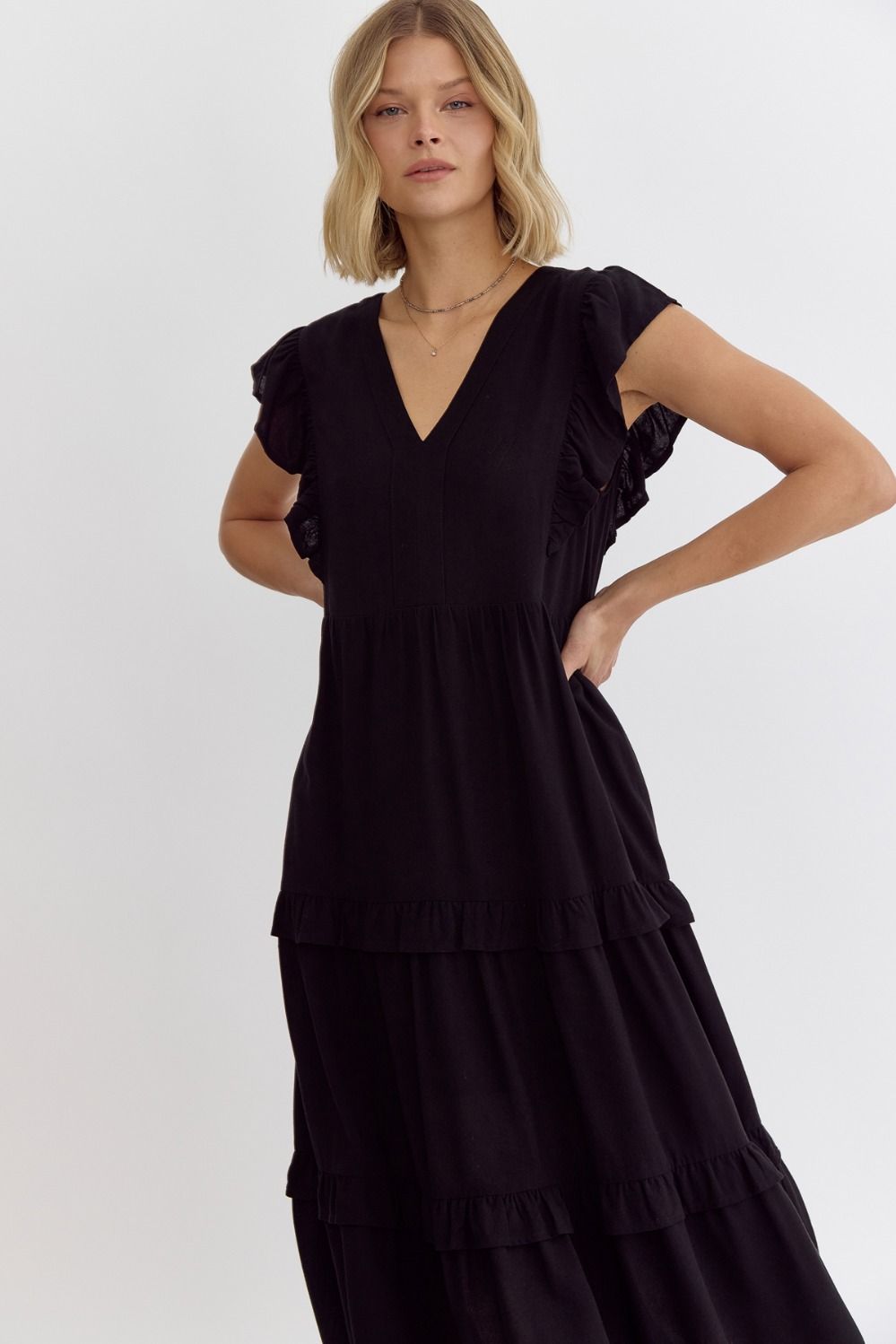 Sunday Morning Black Tiered Midi Dress