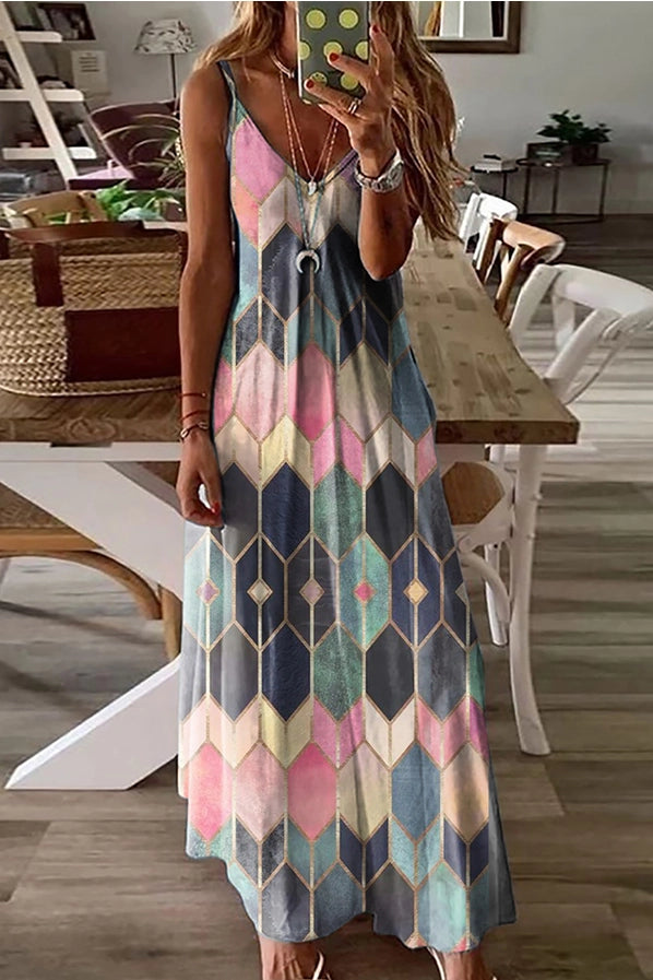 Sweet Symphony Geometric Print Maxi Dress